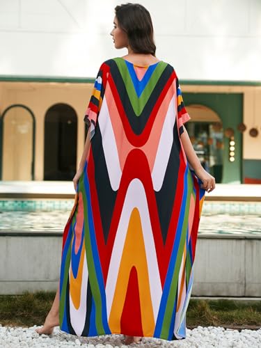 Image of IMAGEKOPE Women's Plus Size Loose Fit Moroccan Print V-Neck Batwing Kaftan Beach Dress Bathing Suit Cover Up