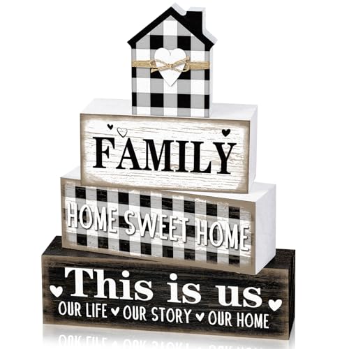 Cinnvoice 4 Pcs Farmhouse Tabletop Decor Rustic Family Blessed Home Table Centerpiece This Is Us Sign for Kitchen Shelf Desk Fireplace Mantel Tiered Tray Decor(Buffalo Plaid)