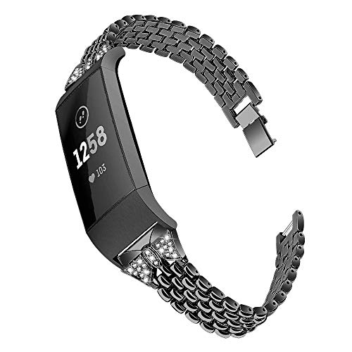 Charge 3 Uhrenarmbänder, Miya Damen Edelstahl Ersatz Uhrenarmband Stainless Steel Metal Wristband Strap Strass Metallarmband für Fitbit Charge 3/4