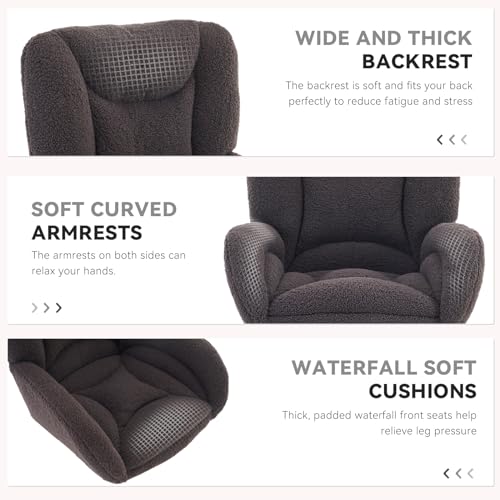 Image of FOXHUNTER Vanity Chair with Ergonomic Back & Wheels, 360 Swivel Accent Chair, Adjustable Height Home Office Chair for Living Room, Bedroom (Teddy, Dark Gray)