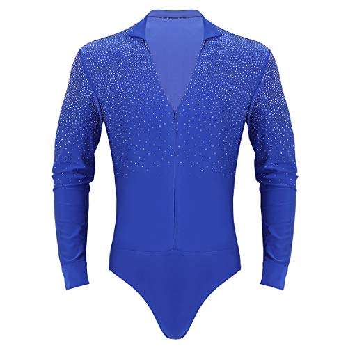 ranrann Justaucorps Danse Latine Homme Strass Brillant Col V Body Manches Longues Chemise Bal Tango Samba Rumba Gym Combinaison Patinage Costume Moderne Jazz Dancewear M-XXL Bleu XL