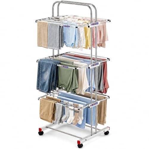 Image of URBAN KRAFT 3 Tier Foldable Clothes Drying Stand | Heavy Duty Rack for Drying Clothes | Full Stainless Steel Cloth Dryer Stand with Wheels - 6 Folding Wings, Easy Assembly