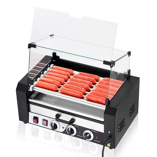 Electric Hot Dog Roller, 7 Rollers Hot Dog Machine, 18 Hot Dogs Capacity, Grill Warmer With Independent Temperature Control, Detachable Glass Hood Cover & Oil Drip Tray, 5-8 Min Quick Cooking