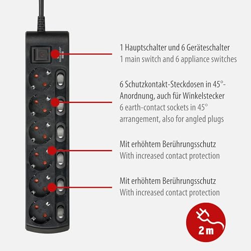 Miniatura 2 de Brennenstuhl regleta de enchufes con 6 Tomas de Corriente (regleta eléctrica con 1x Interruptor Principal y 6X interruptores para aparatos, Cable de 2m, Mayor protección contra contactos) Negro