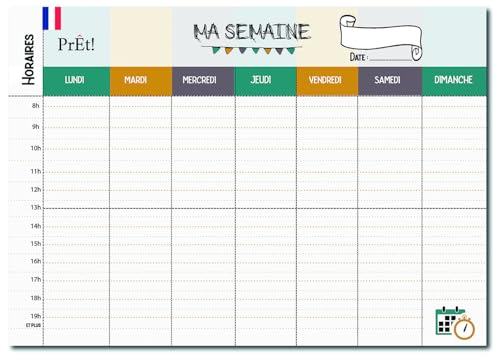 Prêt! | Emploi du Temps Scolaire & Semainier Famille A3 | Tableau Hebdomadaire Mural à Compléter | Organisation Enfants & Parents A3 | Recto-Verso