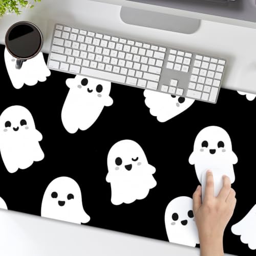 Image of Halloween Cute Ghost Mouse Pad Kawaii Cartoon Spooky Funny Spirit Extended Desk Mat Non-Slip Rubber Base Stitched Edge Large XL Black White Mousepad for Desk Gaming Laptop Desktop,31.5x11.8 Inch