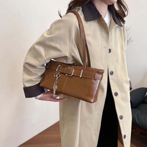 Vintage Y2K Shoulder Bag for Women,Small Belt Buckle Satchel Purse Leather Handbag Clutch Purse, Underarm Tote Handbag for Daily Use - Brown3