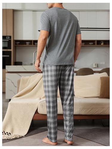 OYOANGLE Men's 2 Piece Pajama Set Short Sleeve T Shirt and Plaid Pants Pjs Summer Sleepwear3