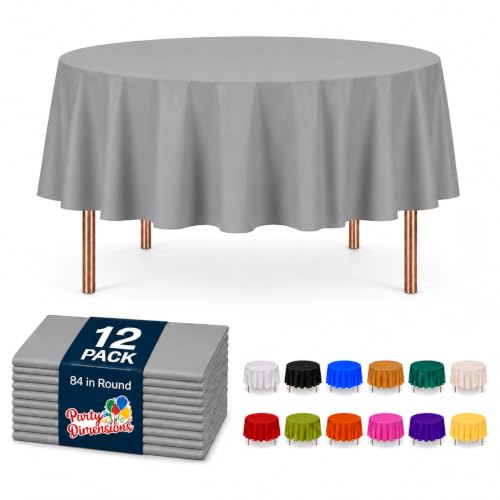 Image of Party Dimensions Silver Disposable Plastic Tablecloth for Round Tables (12 Pack) 84 inches Table Cloths for Parties, Events & Weddings, Indoors & Outdoors, Plastic Table Cover