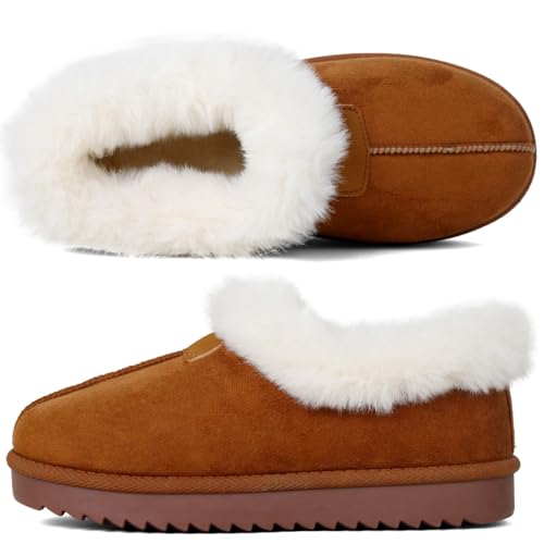 LUNATECH Womens Closed back Slippers Faux Fur Warm Non Slip Outdoor Indoor House Shoes with Fuzzy Collar (CAMEL  Adult Women 6 Numeric UK Footwear Size System Medium)