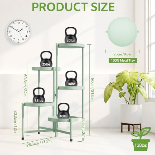 Image of iDavosic.ly 5 Tier Large Plant Stand Indoor, 10 Inch Wide Corner Tall Metal Plant Stands Outdoor for Multiple Plants, Folding Tiered Flower Display Holder Rack Shelf, Light Green