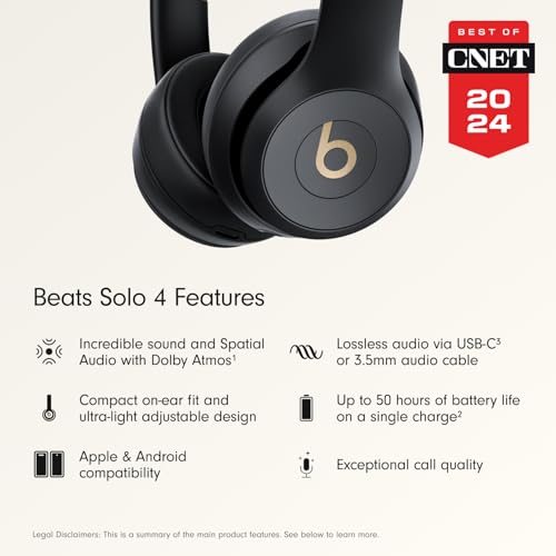 Image of Beats Solo 4 - Wireless On-Ear Bluetooth Headphones, Up to 50-Hour Battery Life, Ultra-Lightweight Comfort, Powerful and Balanced Sound, Apple & Android Compatible - Black & Gold
