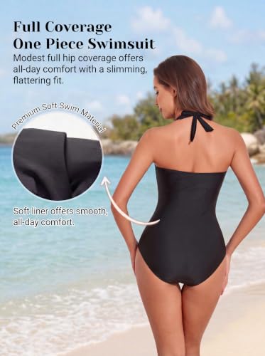 Image of Smismivo Tummy Control Swimwear Halter One Piece Slimming Vintage Retro Swimsuit Womens Ruched Push Up Bathing Suit
