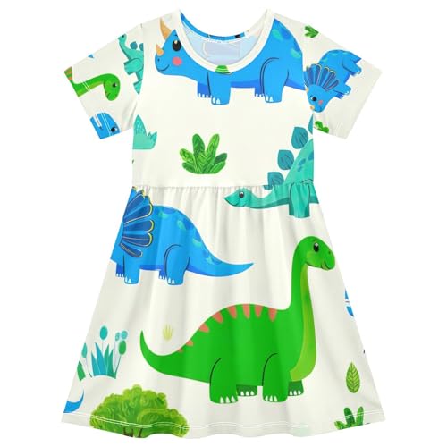 Girls Summer Cartoon Dinosaur Dress Toddler Cute Short Sleeve Sundress UPF50 Plus Playwear Outfits 2T-8T