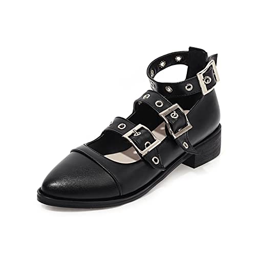Women's Goth Low Chunky Heel Mary Jane Shoes,Patent Leather Eyelet Buckle Ankle Strap Pointy Pumps
