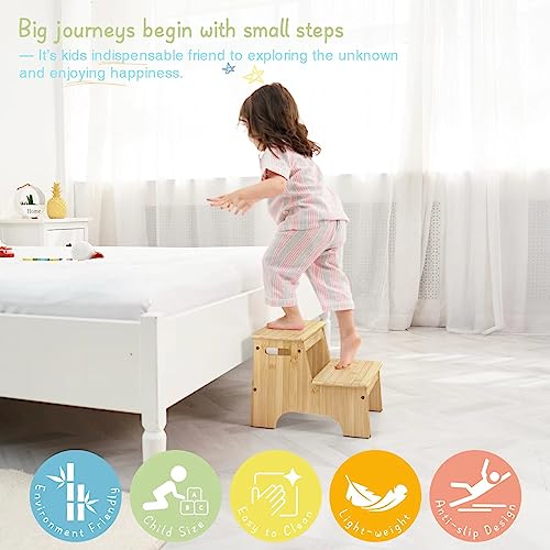 image for Forbena Wooden Bathroom Step Stool for Toddlers, Heavy Duty Kids 2 Ste