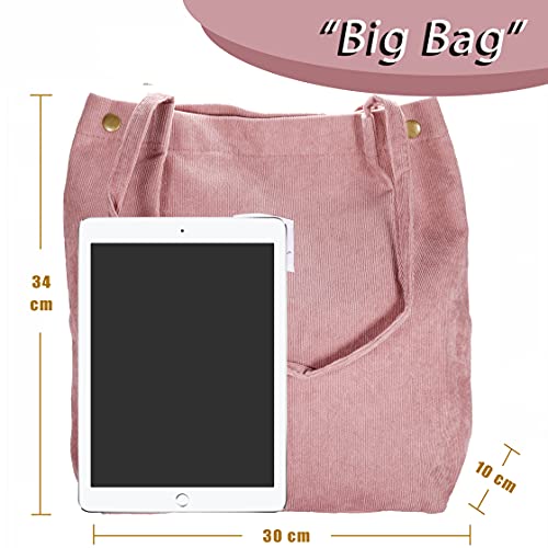 VOKUVIKU Umhängetasche Damen Groß Schule Shopper Beutel tasche Cord Tasche Gross Jutebeutel Bedruckt Stofftasche Baumwolltasche XXl Vintage Tragetasche Einkaufstasche, 001 Rosa