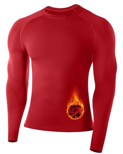Runhit Mens Thermal Compression Shirt Fleece Lined Long Sleeve Thermal Shirts Athletic Base Layer Top Cold Weather Gear Red M