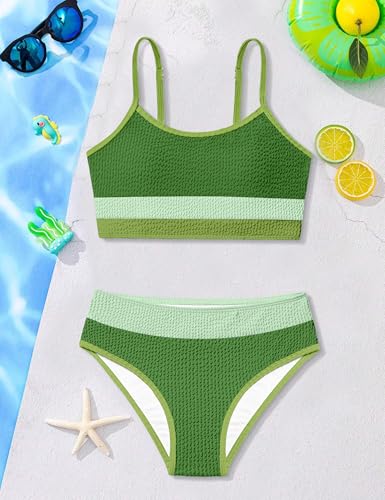 Image of Girls Bathing Suit Color-Block Adjustable Straps Bikini Sets Girls Two Piece Swimsuits with Chest Pad Swimwear 7-18T