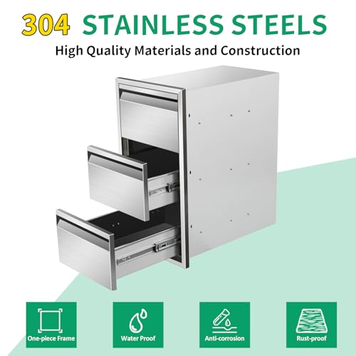 Image of Outdoor Kitchen Drawers 14 inch W x 25.4 inch H x 21 inch D Stainless Steel Triple Drawers with Hidden Handle for BBQ Island, Patio Grill Station & Outdoor Kitchen Cabinets
