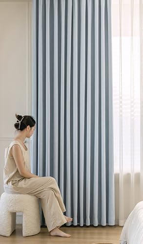 Mesnt Blackout Curtains 72 Inches Long, Solid Color Blackout Curtains Thermal Insulated Eyelet Drapes, Chenille, Light Blue | 54W x 72L