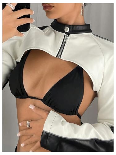 Verdusa Women's Motorcycle Color Block Leather Jacket Zip Up Long Sleeve Crop Jacket outwear4