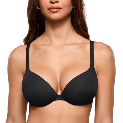INLYRIC Women's Teardrop Push Up Bra Padded Supportive Underwire Add 1 Cup Seamless Tshirt Sexy Lift Up Plunge Bras Black 34B