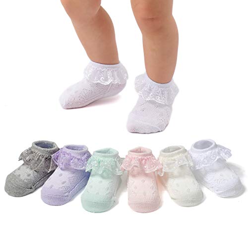 Mini Angel Baby Lace Socks Infant Girls Eyelet Lace Ruffle Frilly Ankle Socks Soft Cotton Dress Socks with Box Gift Set,6 Pairs,White/Cream/Pink/Grey/Light Green/Purple,3-6 Months