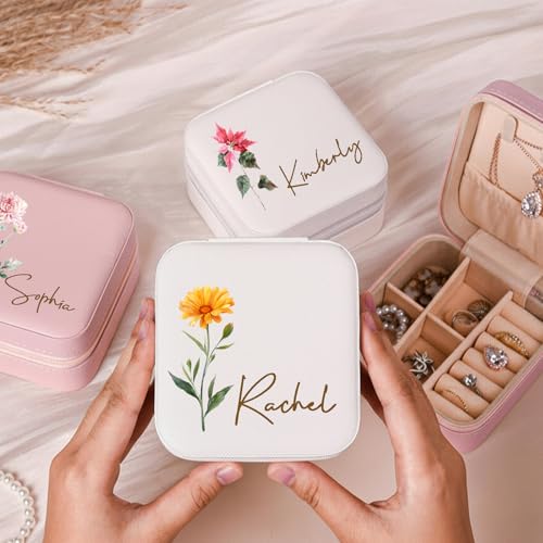 Yofair Ships Next Day, Personalized Jewelry Box with Birth Flower Bridesmaid Gifts Custom Leather Travel Jewelry Case Ring Box Christmas Birthday Gifts for Women — view 3