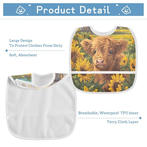 MCHIVER Yellow Sunflowers Cow Baby Bibs for Boys Girls Toddlers Waterproof Feeding Bib Apron with Food Cather Adjustable Cotton Food Eating Bib 2 Pack3