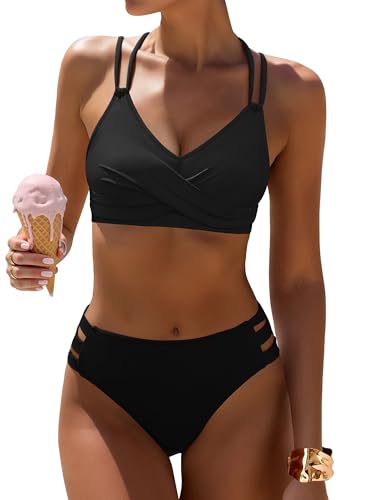 ANRABESS Bikini Sets for Women V Neck Criss Cross Two Piece Swimsuit Sexy Cutout Bathing Suit 2026 Beach Vacation Swimwear Black Large