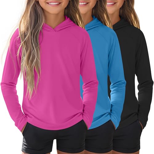 Image of 3 Pack Girl's Long Sleeve Sun Shirts UPF50+ Sun Hoodies UV Protection Quick Dry Rash Guard Lightweight Swim Shirt