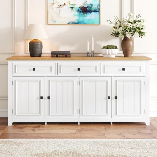 muenfly Aparador con 4 puertas y 3 cajones, gran espacio de almacenamiento, color blanco, moderno armario de almacenamiento con estantes ajustables para salón, 160 x 35 x 76 cm