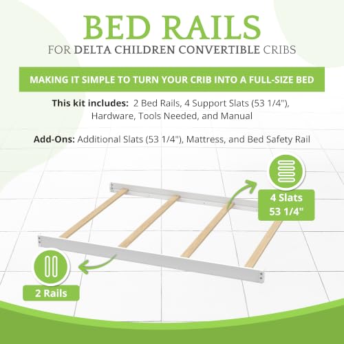 Image of Full-Size Conversion Kit Bed Rails Compatible with Delta Children Convertible Cribs - Solid Wood Rail #0050 - Toddler and Adult Bed Rail for Full-Size Beds - Baby Furniture (White - 100)