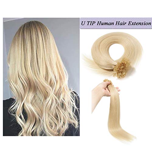 U Tip Human Hair Extensions Pre Bonded Nail Tipped Real Human Hair Piece Italian Keratin U Tip Fusion Extensions Silky Straight 100 Strands 22"-50g (#60 Platinum Blonde)