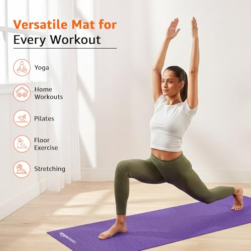 Image of Amazon Basics 6 MM Yoga Mat with Carry Strap | Grippy Surface | Anti-Slip Exercise Mat | PVC Material | Yoga Mat for Men & Women | Exercise Mat for Gym or Home | Purple