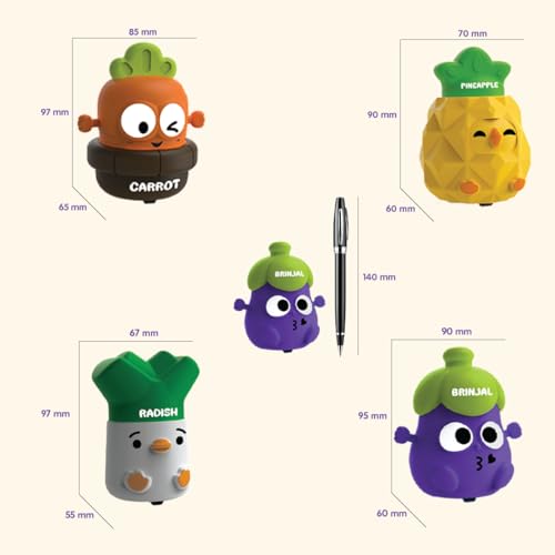 Image of Press & Go Veggie Runner Toy Pack of 4 for Kids with Colorful Carrot, Brinjal, Radish & Pineapple Designs, Push and Go Action Toy, Best Gift for Kids, 3+ Years