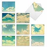 M2036 Cloud 9: 10 Assorted Blank All-Occasion Note Cards Feature Cottony White Clouds Up in the Bright Blue Sky, w/White Envelopes.