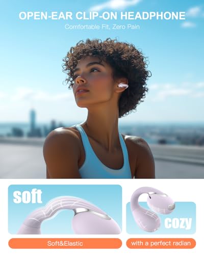 Image of Open Ear Clip Wireless Earbuds Bluetooth 5.4, Lightweight Comfort Sports Bone Conduction Headphones Built-in Mic for Clear Audio, Stable Fit Earphones 24H Play-Purple