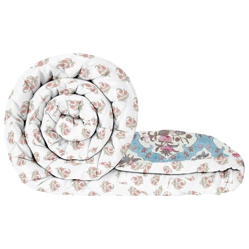 Image of Comforter Double Bed Blanket for Winter Double Size | Microfiber Blanket | Dohar | 220x250 cm | Cream & Blue Blanket Floral Design | Cozy Bedding Blankets for Winter -All Seasons