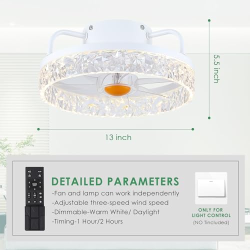 Image of White Ceiling Fans with Lights and Remote - Low Profile Flush Mount Ceiling Fans - 13 inch Modern Bladeless Enclosed Ceiling Fans with Led Light and Stepless Dimming, White Small Ceiling Fan for Bedroom
