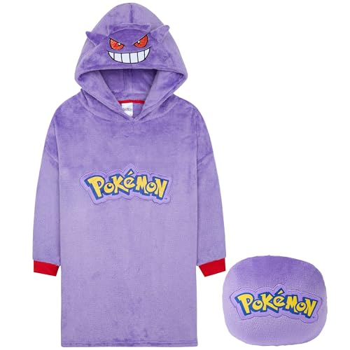 Pokémon Sweat à Capuche Oversize Enfant, Snorlax Gengar Sweat Plaid Polaire avec Sac Intégré, Poncho Chaud et Doux (Violet Gengar Cushion)
