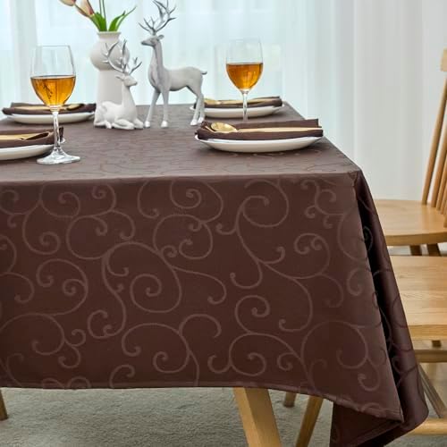 Marina Decoration Home Decor Jacquard Waterproof Thick Elegant Premium Solid Damask Scroll Decorative Kitchen Table Cloth Liquid Repellent Stain Resistant Tablecloth, Brown Color Oblong 52 x 70 Inch - 1