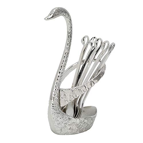 Decorative Swan Base Holder with 5 Spoon, Coffee Dessert Fruit Spoon Cutlery Set with Swan Feather Holder, Decoration Household Tableware Dinnerware Set(Silver)