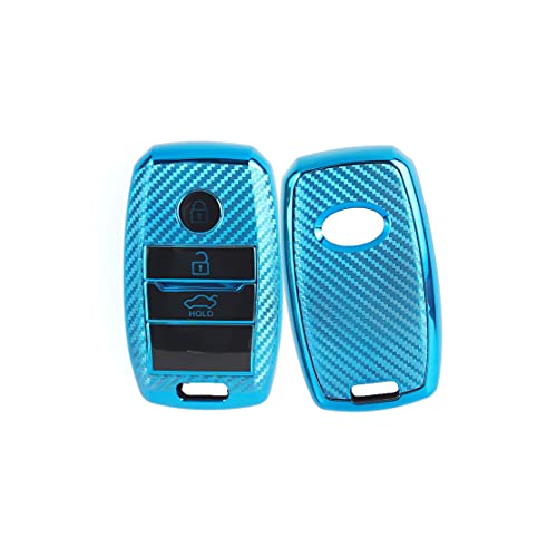 Image of JVCV Soft TPU Carbon Fiber Style Car Key Cover Compatible with Kia Seltos Sonet Carens 3 Button Push Start Car Key (Blue)