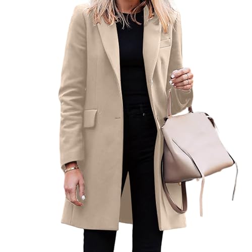 Image of Womens Wool Blend Coat Notch Lapel Single Breasted Mid Long Pea Coat Business Dressy Work Winter Suit Jacket Overcoat