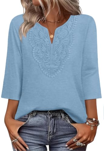 Image of WIHOLL 3 /4 Length Sleeve Womens Tops Boho V Neck Lace Shirt Trendy Blouses Dressy Casual Vacation Clothes S-3XL