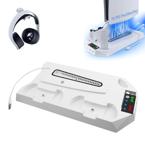 Soporte para PS5/PS5 Slim/PS5 Pro con ventilador de 3 niveles y 3 puertos USB adicionales, soporte PS5, estación de carga integrada para controlador PS5 con indicador LED y soporte para auriculares