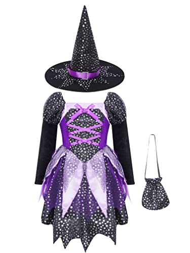 Agoky Disfraz Brillante de Bruja para Niña Vestido Princesa de Tutú con Sombrero de Bruja y Palo de Hadas y Bolsa de Dulces Disfraz de Halloween Cosplay O Morado 9-10 años Cover