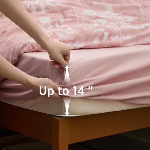 Image of Bedsure Floral Pink Comforter Set, Twin-XL Bedding Sets, Dorm, 5 Piece | Bed in a Bag, Bedroom, Dorm Room，Reversible, Fluffy, Whisper-Quiet, All-Season, Polyester, Easy Care, Botanical-Chic, OEKO